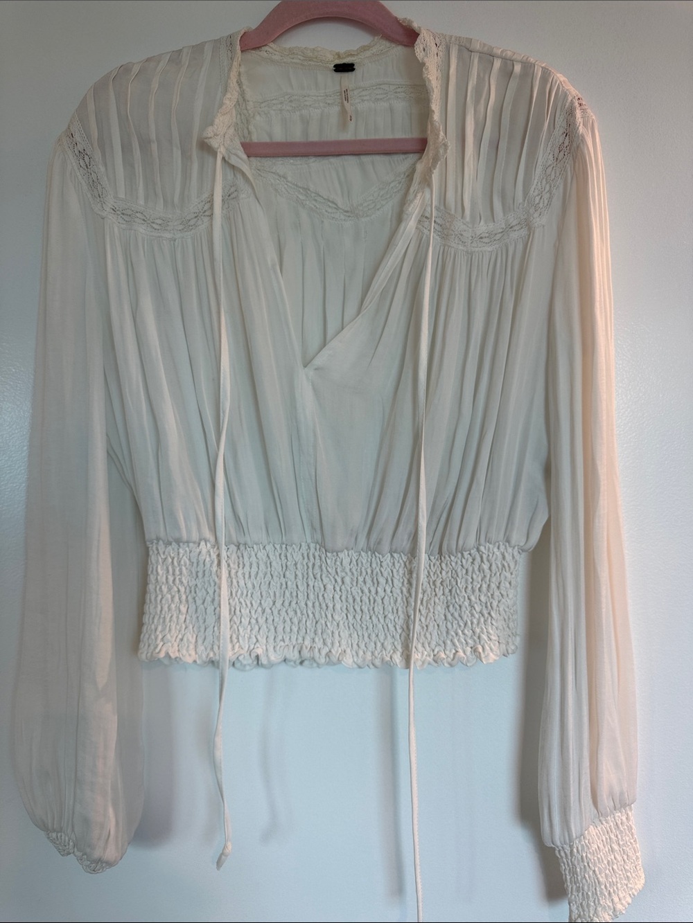 Free People Cream Long-Sleeve Smocked-Waist Blouse